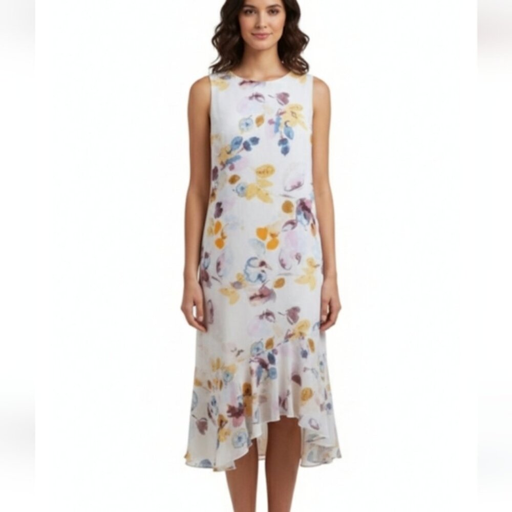 Calvin Klein Sleeveless Floral Midi Dress Asymmetrical Hem 10